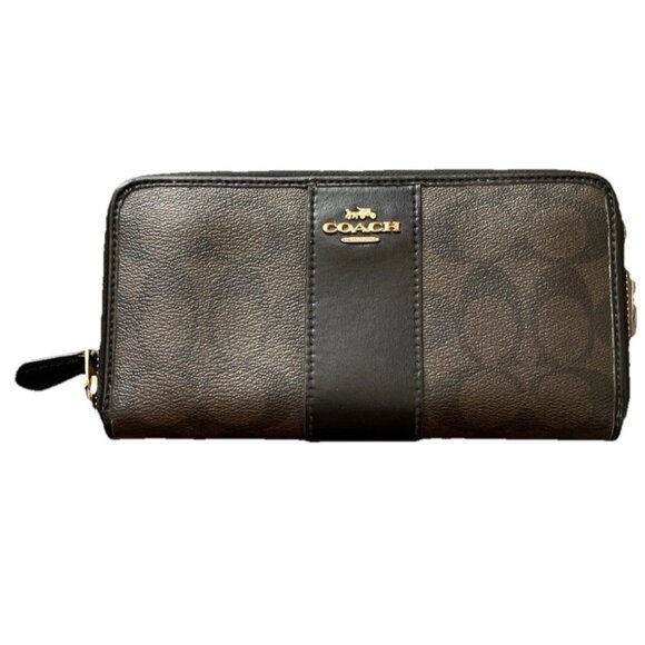 Coach Long Zip Around Wallet In Signature Canvas Brown Black Gold Tone Hardware - Picture 1 of 16